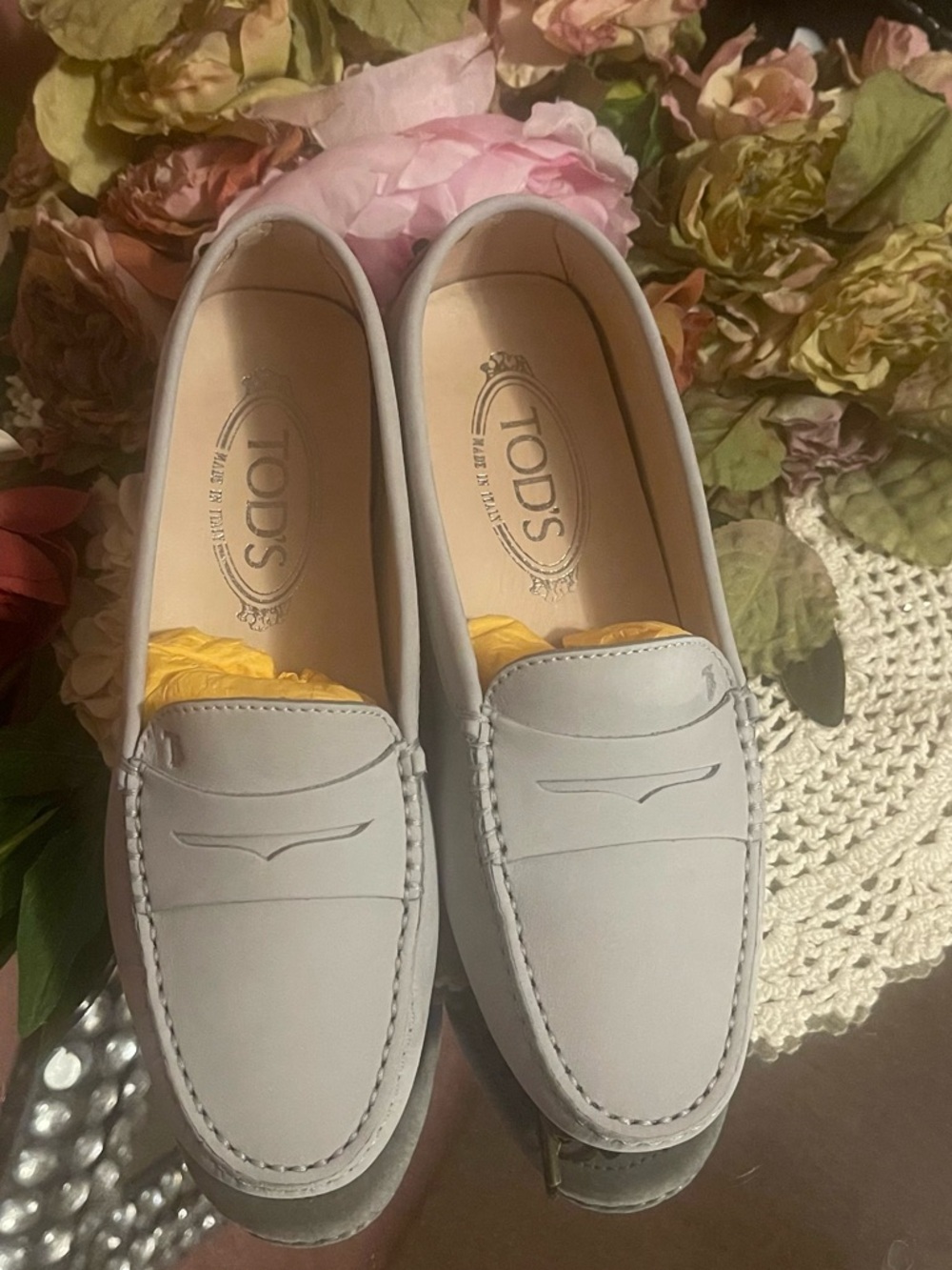 TOD'S Light Gray Leather Penny Loafers